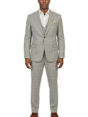 Grey Windowpane Notch Lapel 3 Piece Skinny Fit Men's Suit